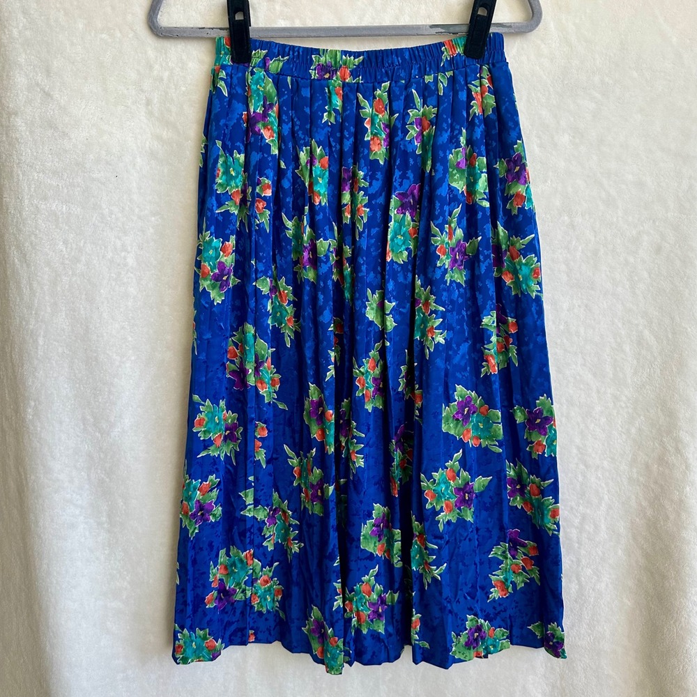 Vintage Blue Floral Satiny Silky Pleated Elastic Waist 80s Midi Skirt Size Small